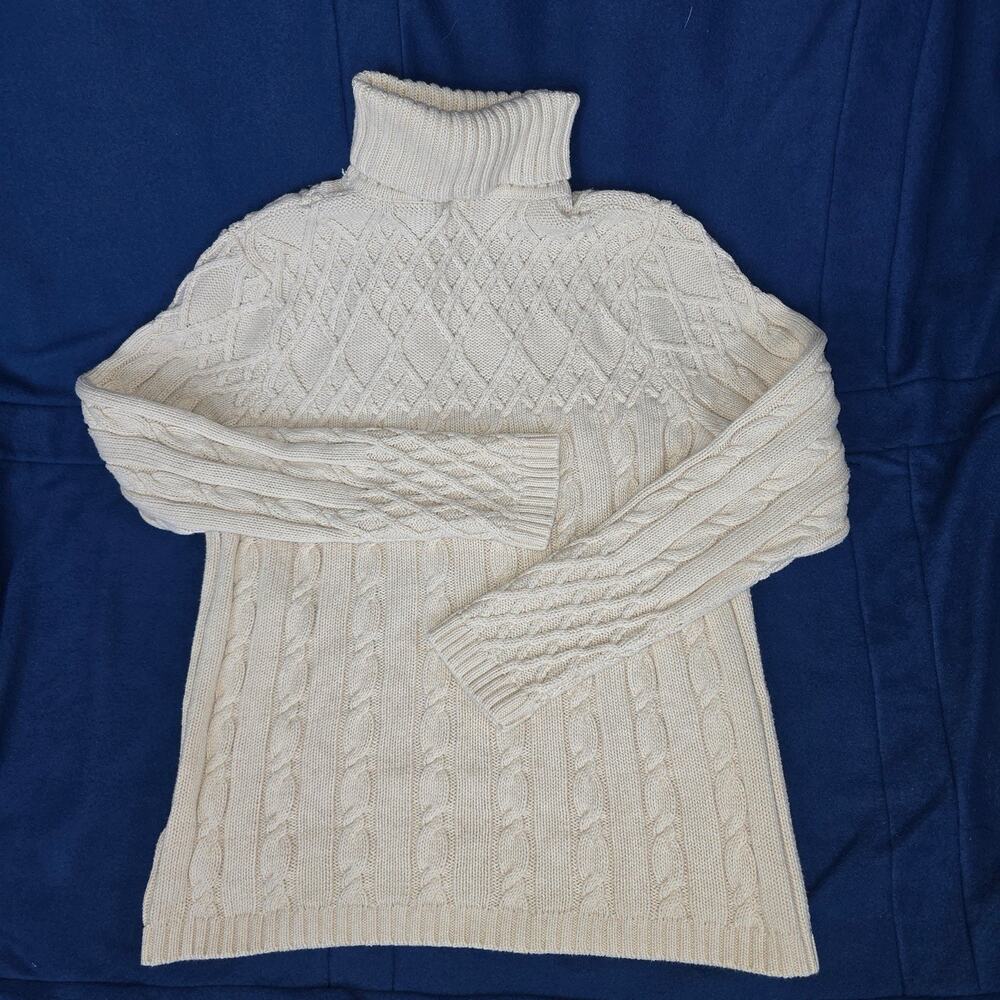 Jeane Pierre Women's L Ivory Cable Knit Fisherman Turtleneck Sweater 100% Cotton - Picture 2 of 6